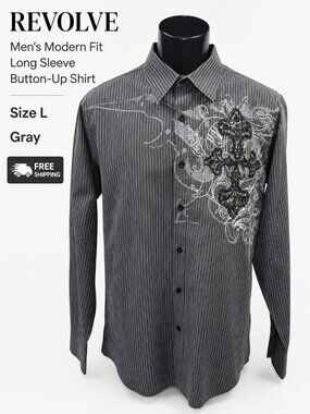 Revolve Men's L Gray Pinstripe Cross Embroidered Modern Fit Button Up Shirt